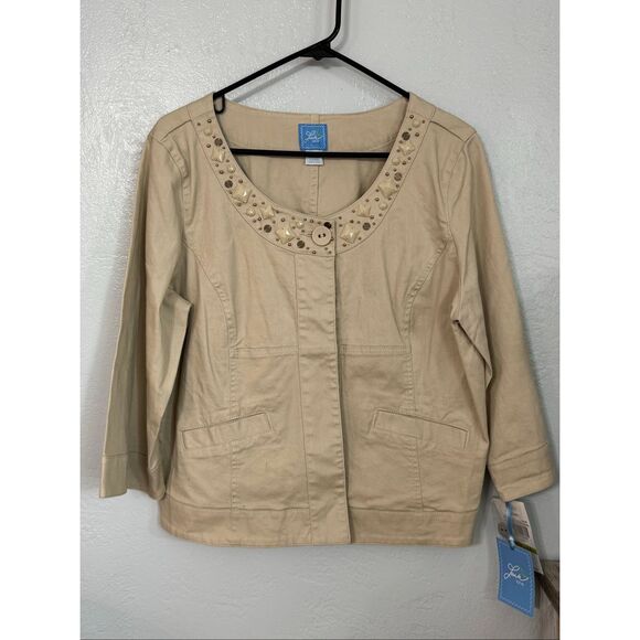 Lark Lane Cotton Beaded Khaki Blazer 14 - Picture 1 of 5